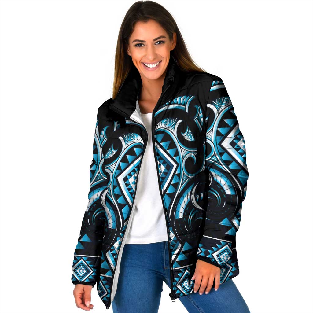 Blue Ngaru Taniko With Aotearoa Maori Tattoo Padded Jacket - Polynesian Pride