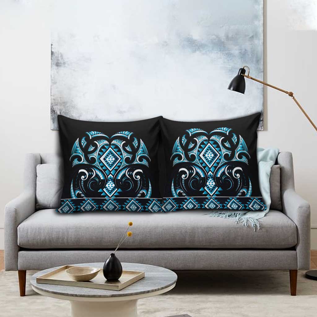 Blue Ngaru Taniko With Aotearoa Maori Tattoo Pillow Cover - Polynesian Pride