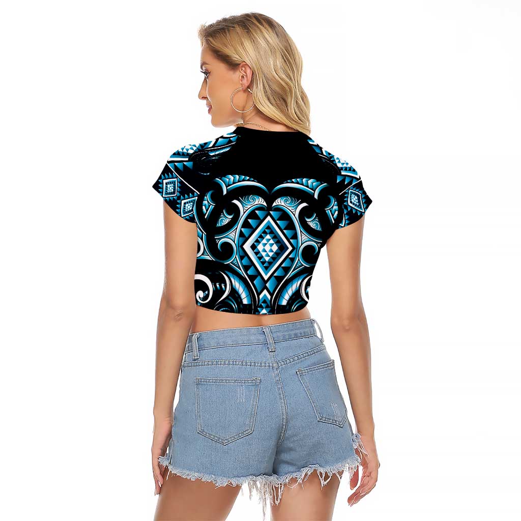Blue Ngaru Taniko With Aotearoa Maori Tattoo Raglan Cropped T Shirt LT14 - Polynesian Pride