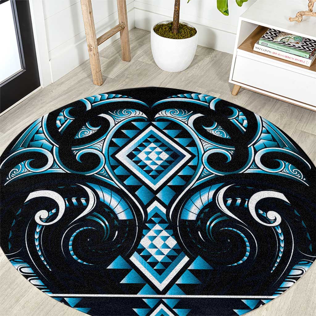 Blue Ngaru Taniko With Aotearoa Maori Tattoo Round Carpet