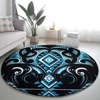 Blue Ngaru Taniko With Aotearoa Maori Tattoo Round Carpet