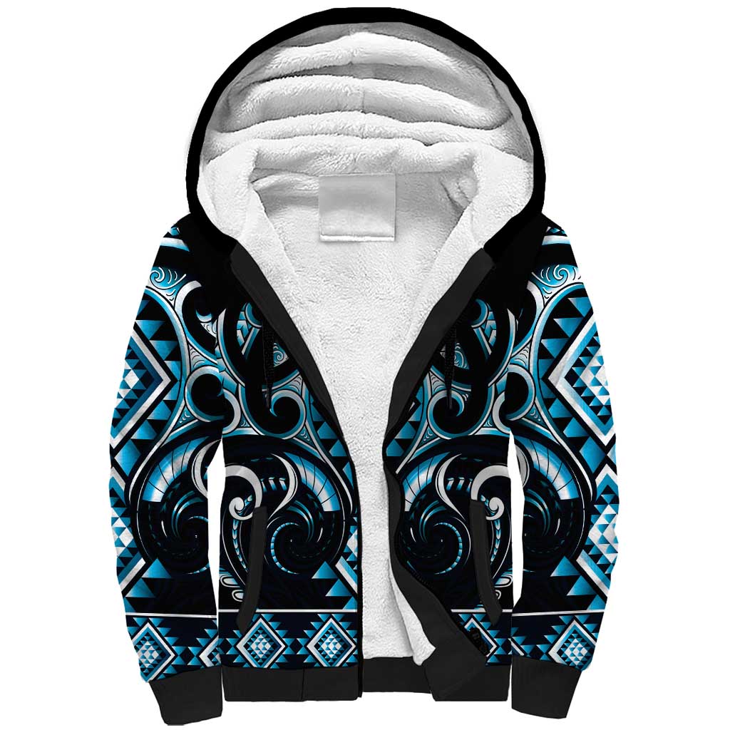 Blue Ngaru Taniko With Aotearoa Maori Tattoo Sherpa Hoodie LT14 Unisex Blue - Polynesian Pride