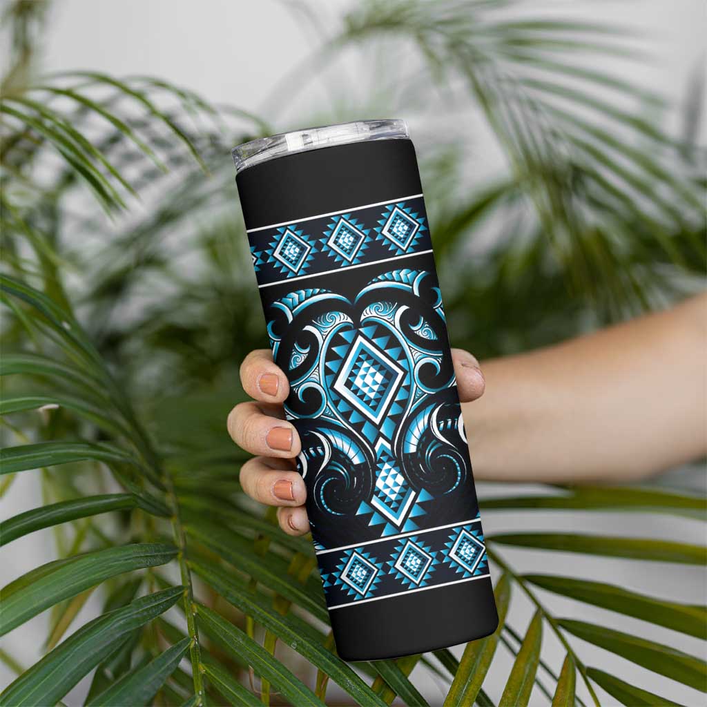 Blue Ngaru Taniko With Aotearoa Maori Tattoo Skinny Tumbler