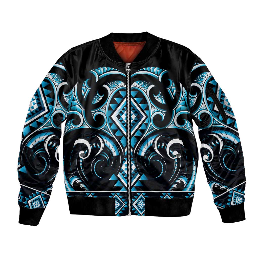Blue Ngaru Taniko With Aotearoa Maori Tattoo Sleeve Zip Bomber Jacket