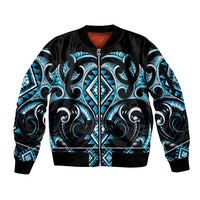 Blue Ngaru Taniko With Aotearoa Maori Tattoo Sleeve Zip Bomber Jacket
