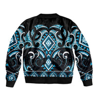 Blue Ngaru Taniko With Aotearoa Maori Tattoo Sleeve Zip Bomber Jacket