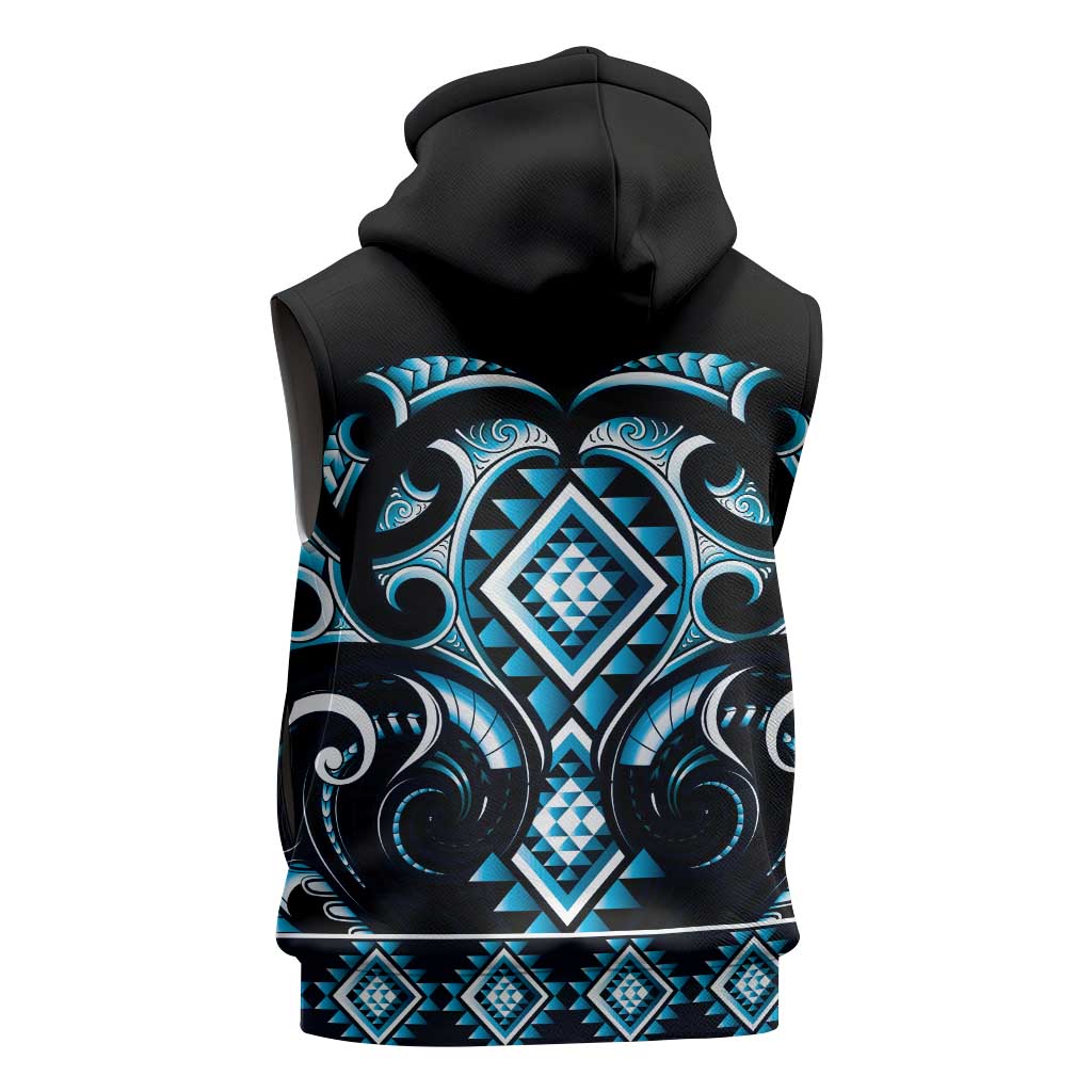 Blue Ngaru Taniko With Aotearoa Maori Tattoo Sleeveless Hoodie - Polynesian Pride