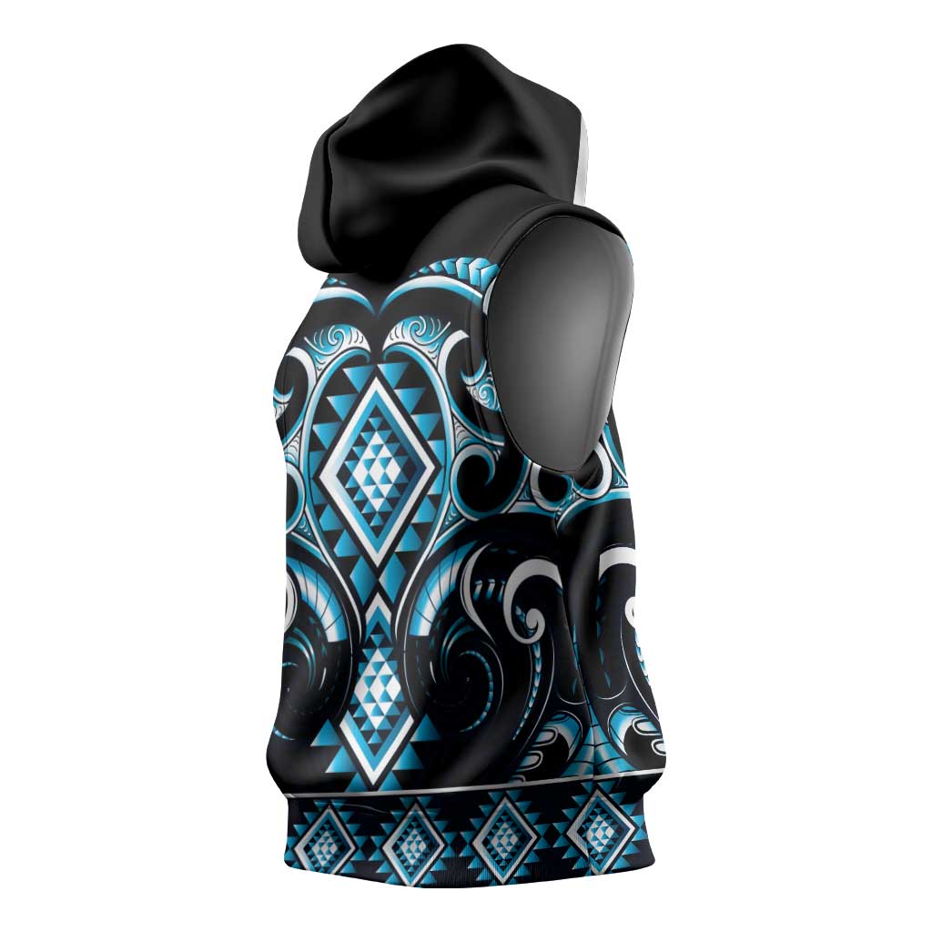 Blue Ngaru Taniko With Aotearoa Maori Tattoo Sleeveless Hoodie - Polynesian Pride