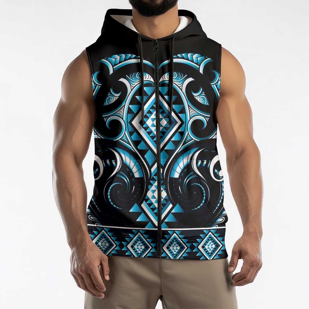 Blue Ngaru Taniko With Aotearoa Maori Tattoo Sleeveless Zip Hoodie LT14 - Polynesian Pride