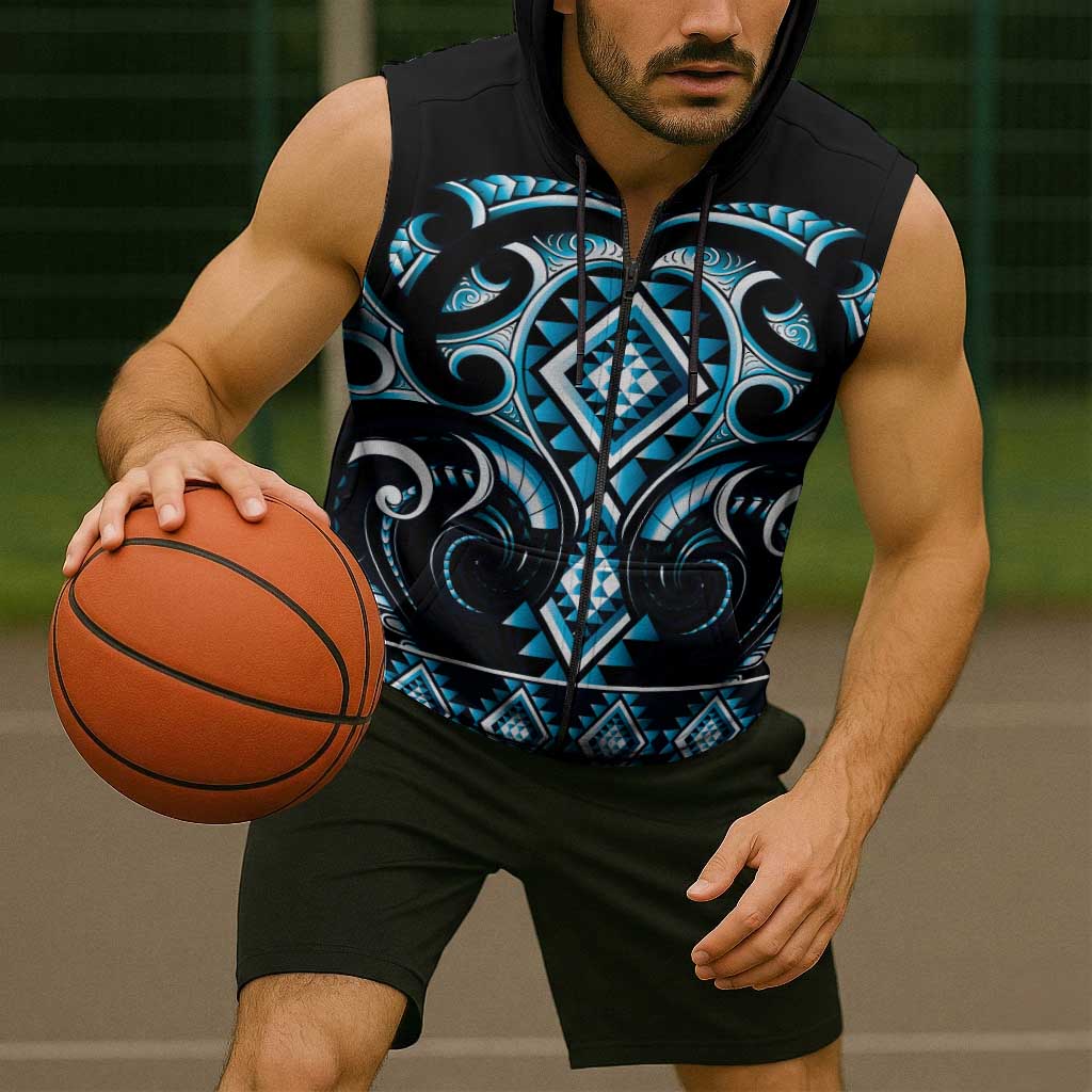 Blue Ngaru Taniko With Aotearoa Maori Tattoo Sleeveless Zip Hoodie LT14 - Polynesian Pride