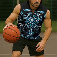 Blue Ngaru Taniko With Aotearoa Maori Tattoo Sleeveless Zip Hoodie LT14 - Polynesian Pride