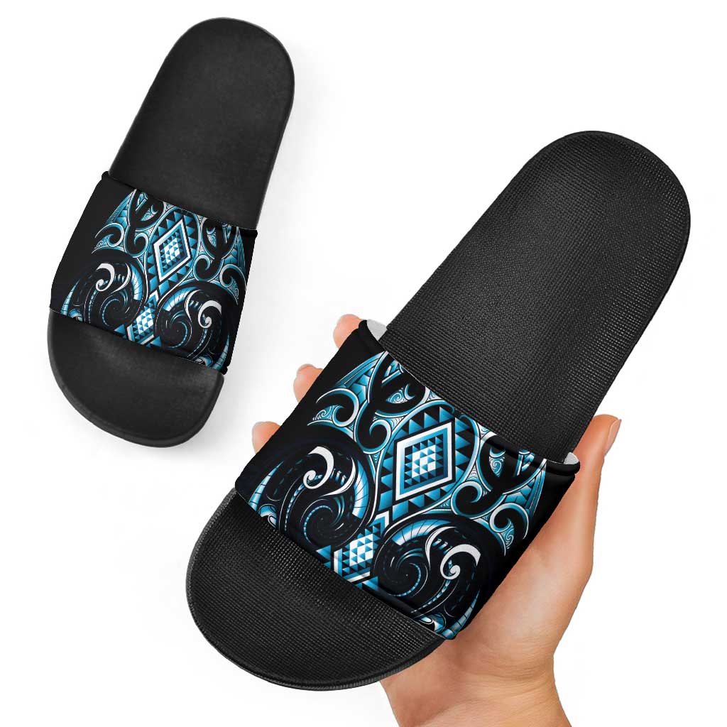 Blue Ngaru Taniko With Aotearoa Maori Tattoo Slide Sandals - Polynesian Pride