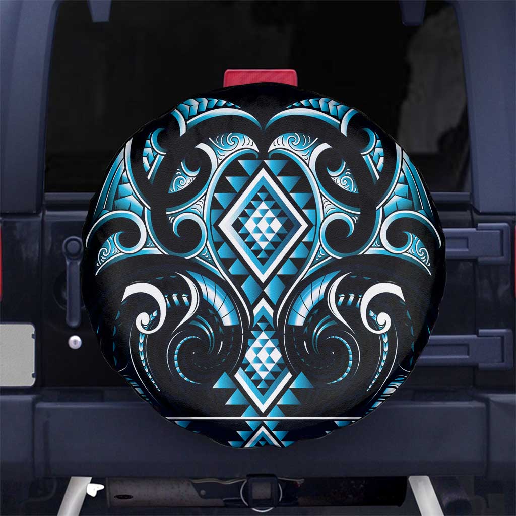 Blue Ngaru Taniko With Aotearoa Maori Tattoo Spare Tire Cover