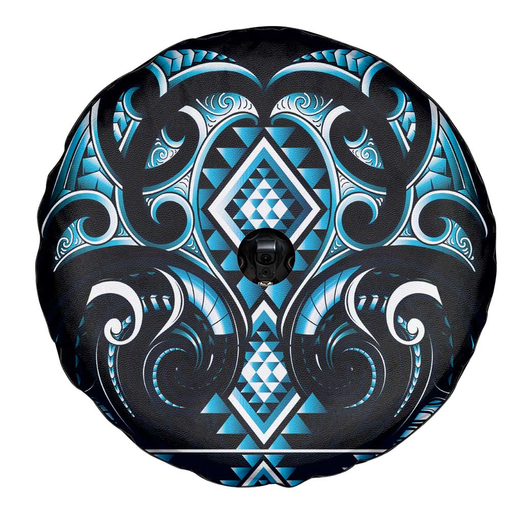 Blue Ngaru Taniko With Aotearoa Maori Tattoo Spare Tire Cover