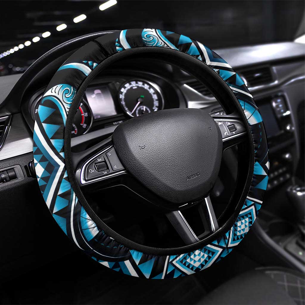 Blue Ngaru Taniko With Aotearoa Maori Tattoo Steering Wheel Cover LT14 Universal Fit Blue - Polynesian Pride