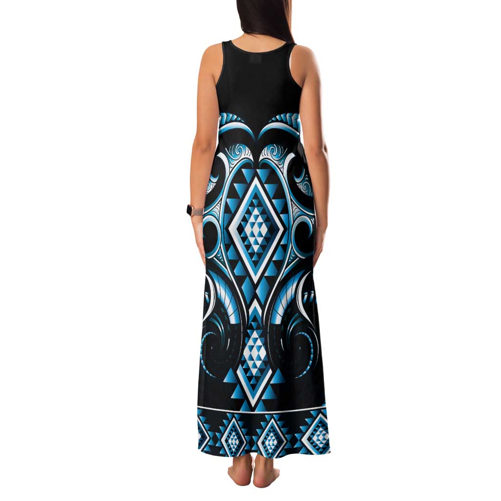 Blue Ngaru Taniko With Aotearoa Maori Tattoo Tank Maxi Dress