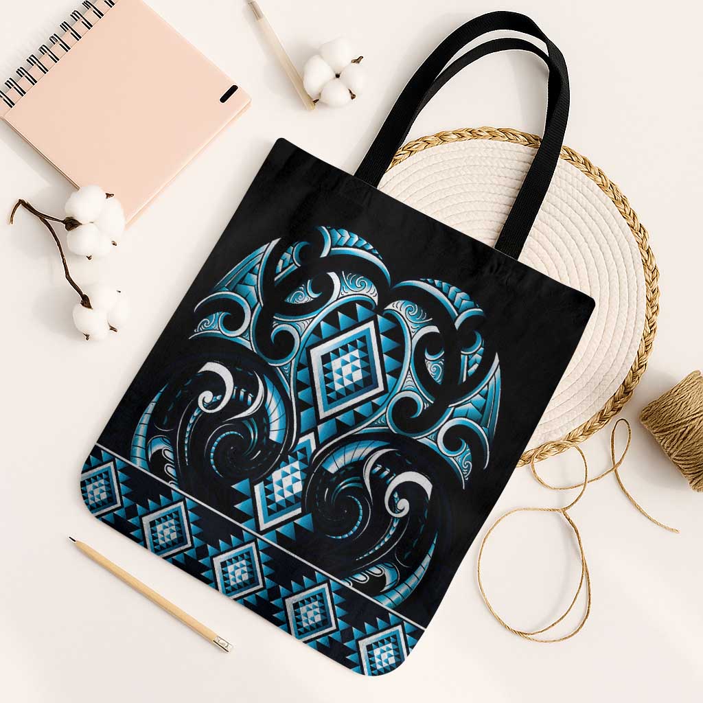 Blue Ngaru Taniko With Aotearoa Maori Tattoo Tote Bag - Polynesian Pride