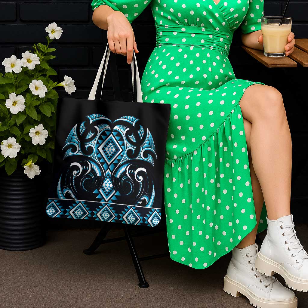 Blue Ngaru Taniko With Aotearoa Maori Tattoo Tote Bag - Polynesian Pride