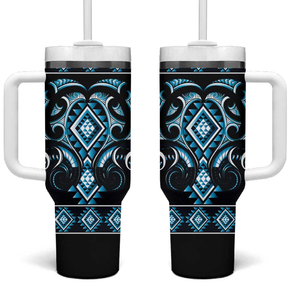Blue Ngaru Taniko With Aotearoa Maori Tattoo Tumbler With Handle LT14 One Size: 40 oz Blue - Polynesian Pride