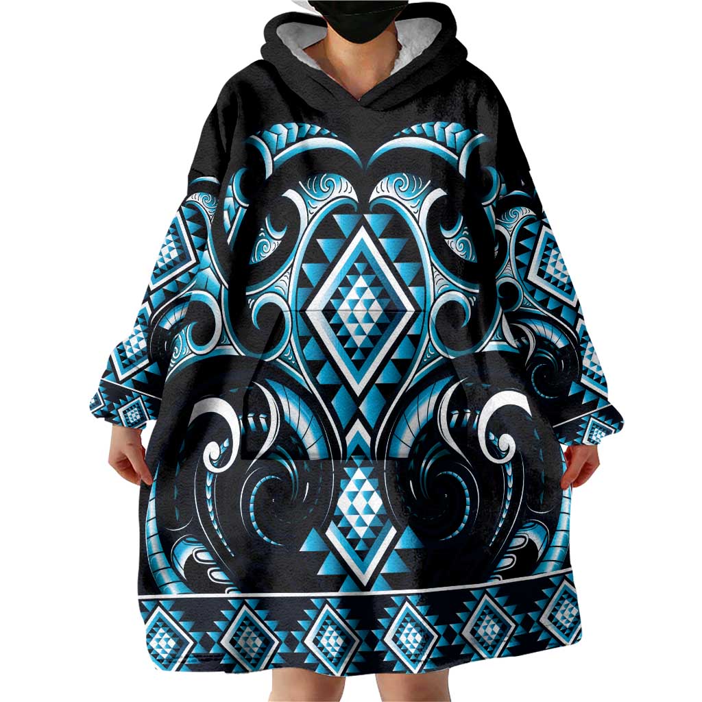 Blue Ngaru Taniko With Aotearoa Maori Tattoo Wearable Blanket Hoodie LT14 - Polynesian Pride