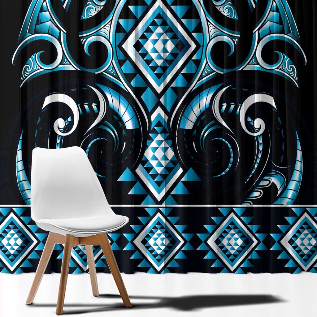 Blue Ngaru Taniko With Aotearoa Maori Tattoo Window Curtain LT14 - Polynesian Pride