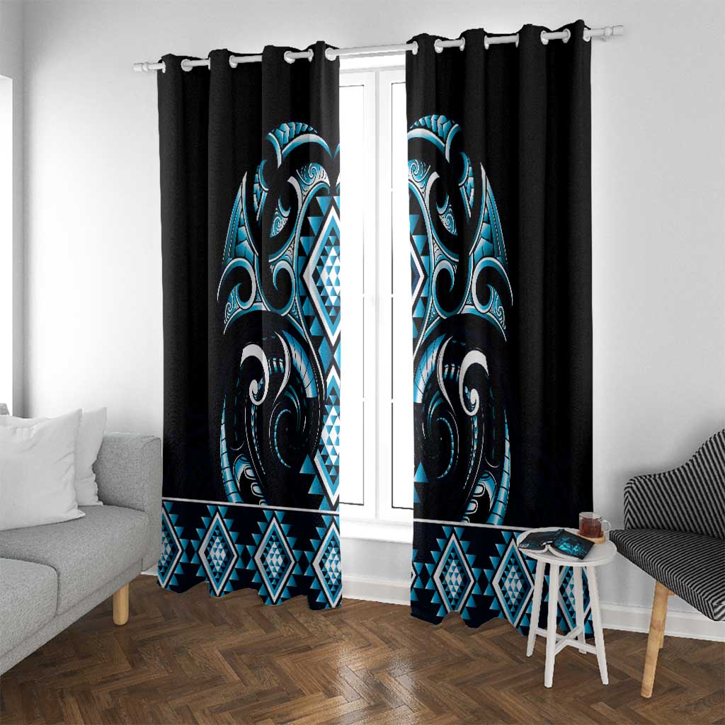 Blue Ngaru Taniko With Aotearoa Maori Tattoo Window Curtain LT14 With Grommets Blue - Polynesian Pride