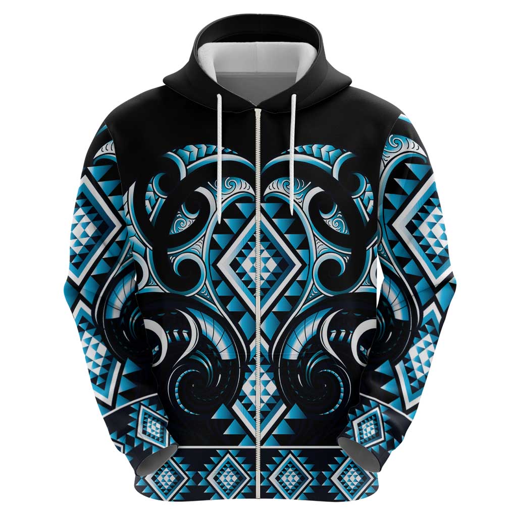 Blue Ngaru Taniko With Aotearoa Maori Tattoo Zip Hoodie
