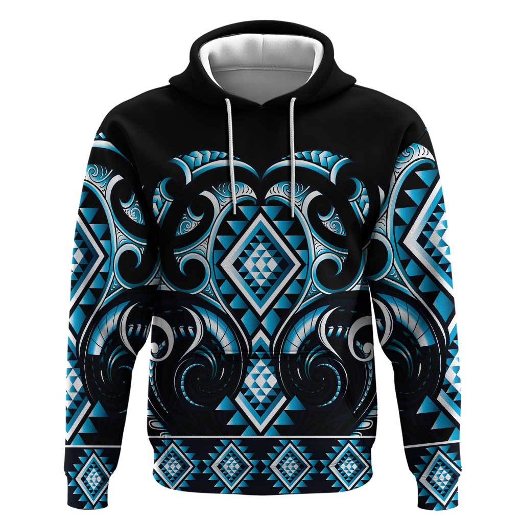 Blue Ngaru Taniko With Aotearoa Maori Tattoo Zip Hoodie