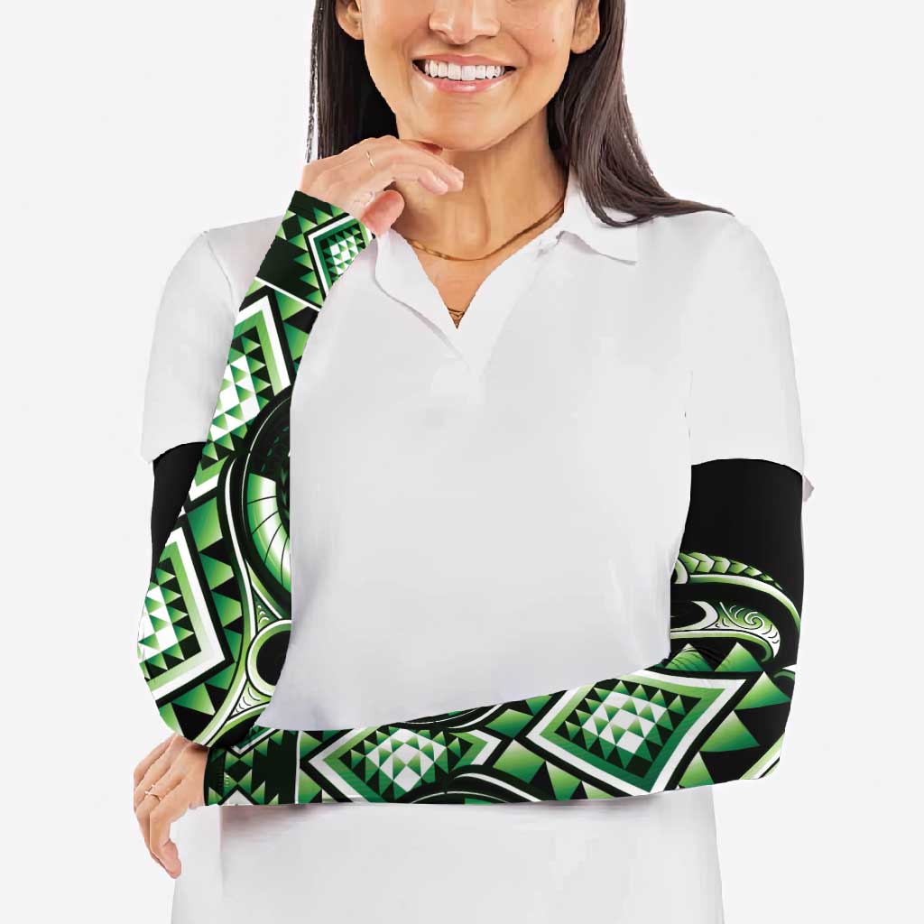 Green Ngaru Taniko With Aotearoa Maori Tattoo Arm Sleeves - Polynesian Pride