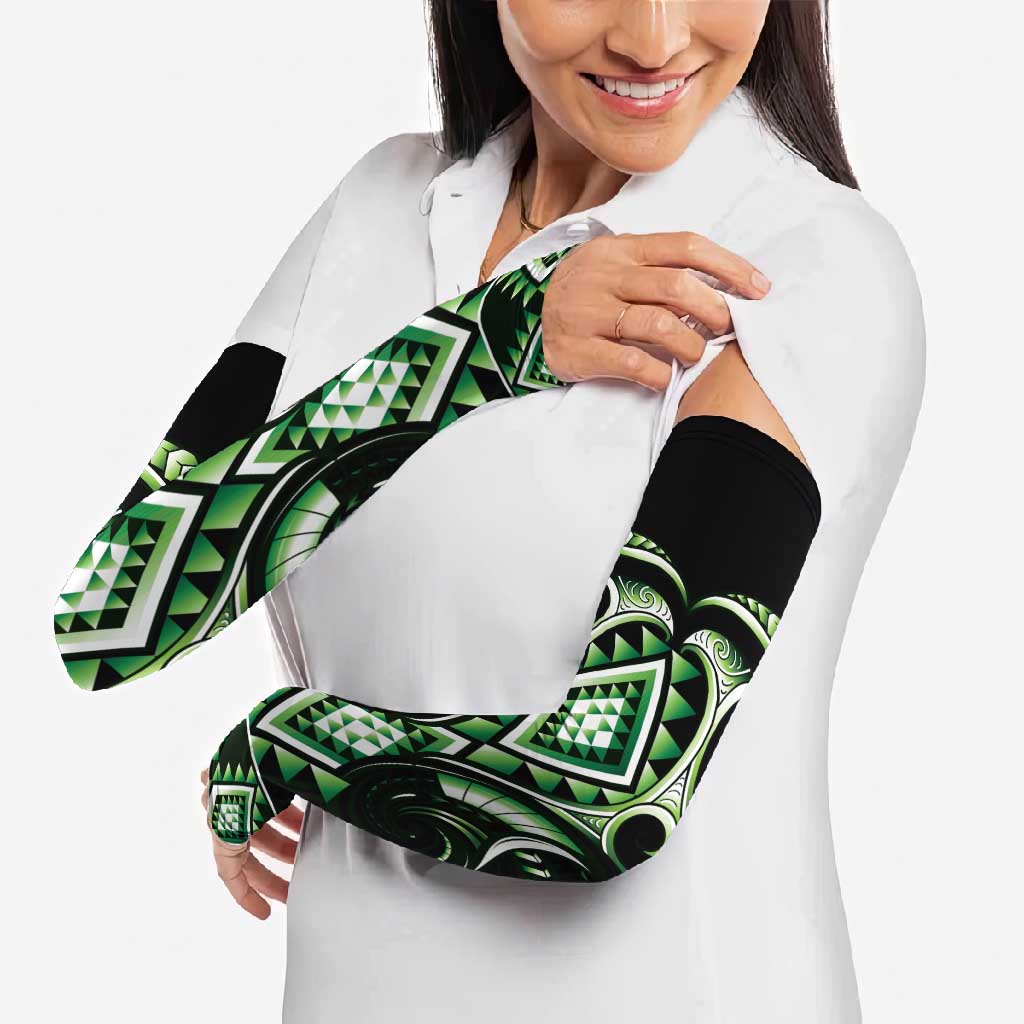 Green Ngaru Taniko With Aotearoa Maori Tattoo Arm Sleeves - Polynesian Pride