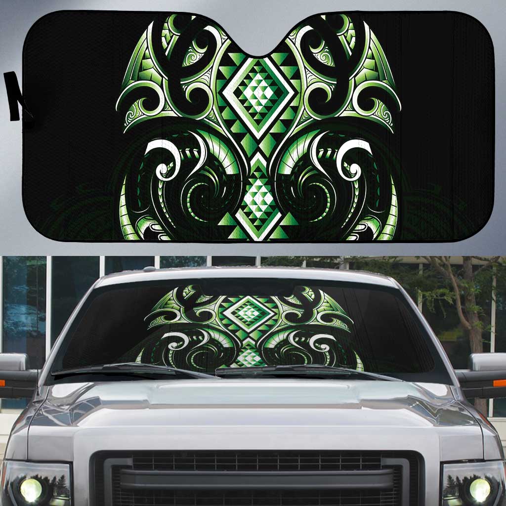 Green Ngaru Taniko With Aotearoa Maori Tattoo Auto Sun Shade - Polynesian Pride