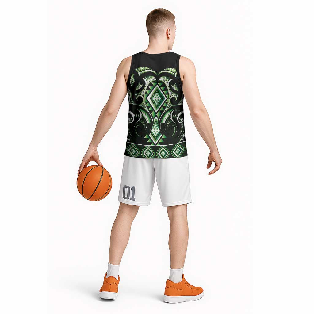 Green Ngaru Taniko With Aotearoa Maori Tattoo Basketball Jersey - Polynesian Pride