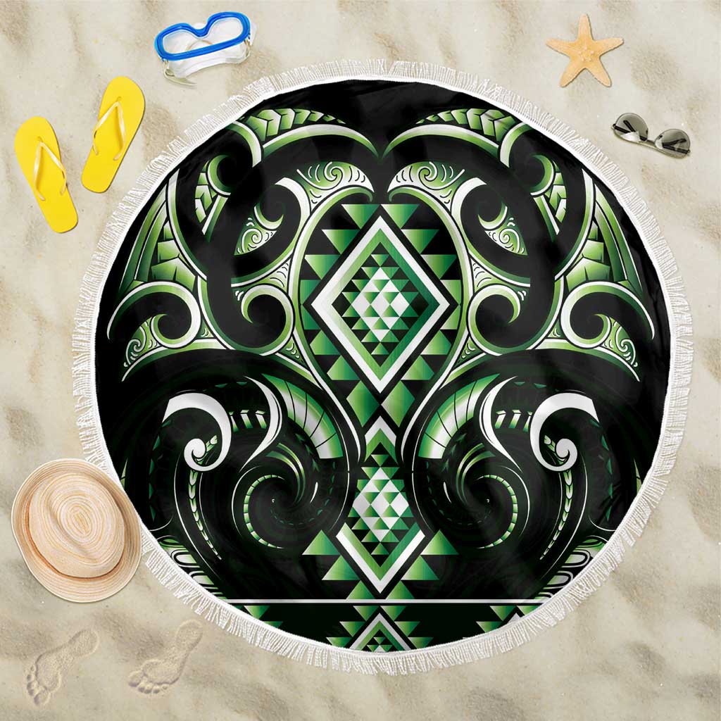 Green Ngaru Taniko With Aotearoa Maori Tattoo Beach Blanket LT14 One Size 150cm Green - Polynesian Pride