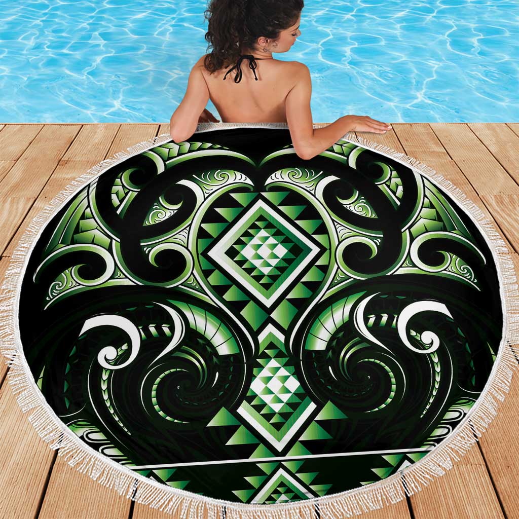 Green Ngaru Taniko With Aotearoa Maori Tattoo Beach Blanket LT14 - Polynesian Pride