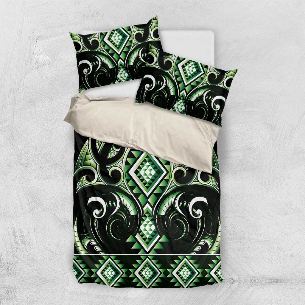 Green Ngaru Taniko With Aotearoa Maori Tattoo Bedding Set