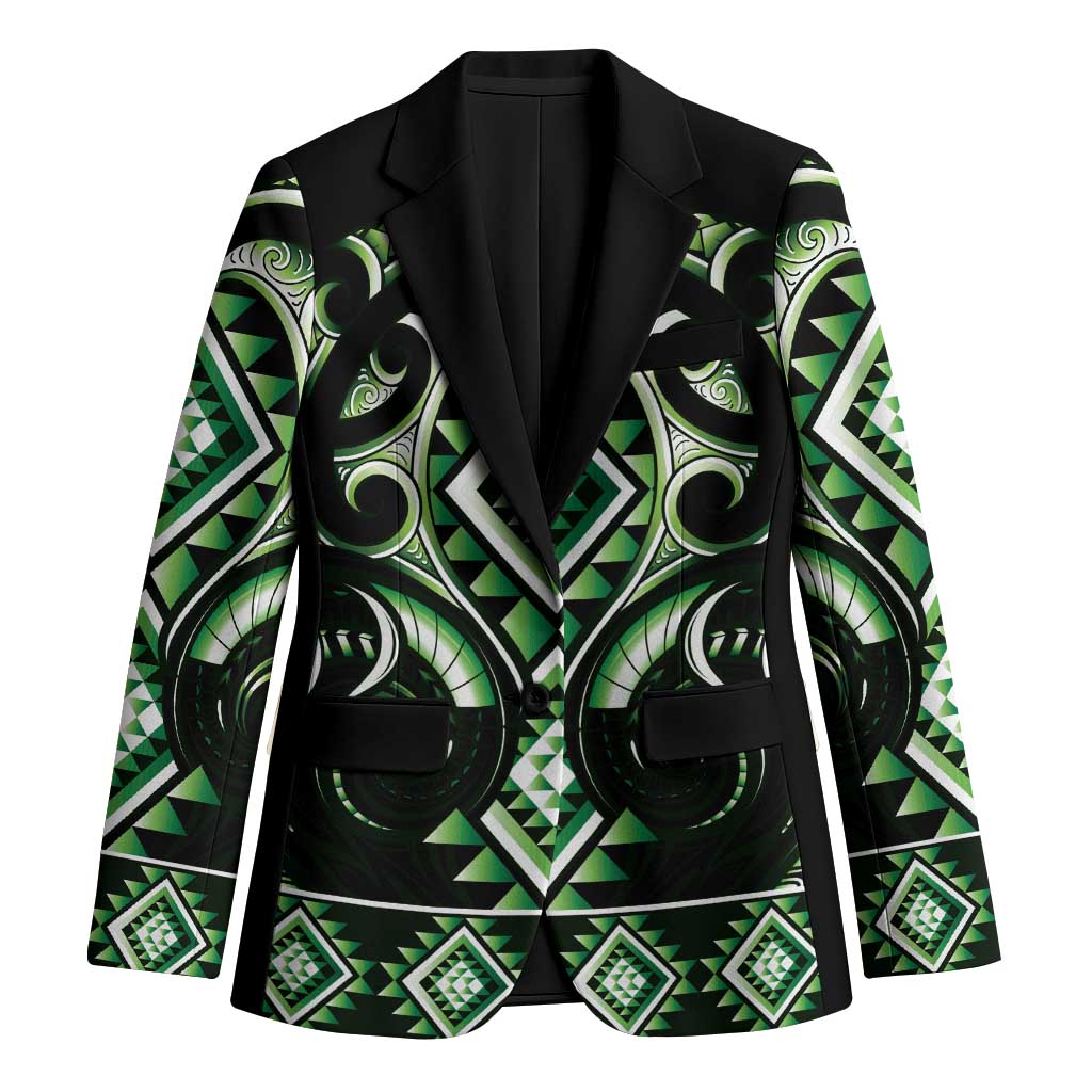 Green Ngaru Taniko With Aotearoa Maori Tattoo Blazer - Polynesian Pride