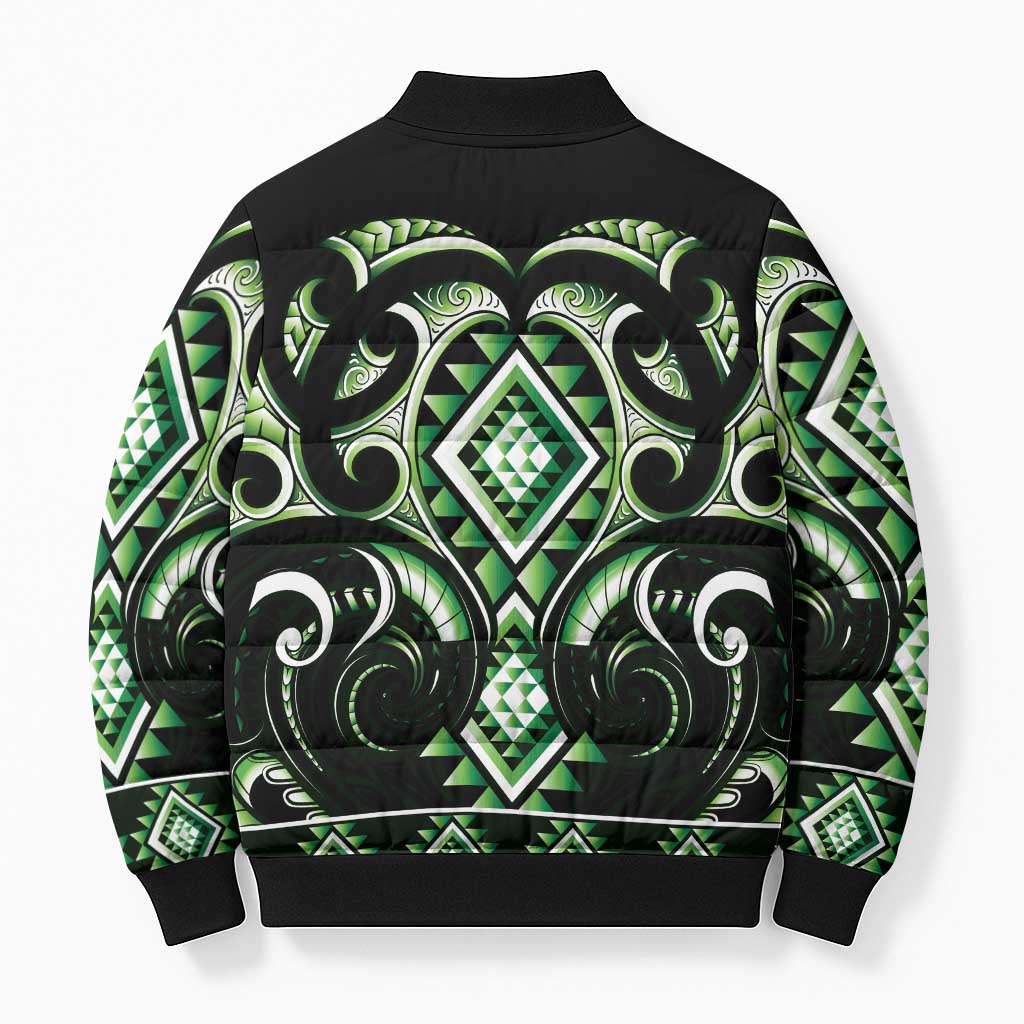 Green Ngaru Taniko With Aotearoa Maori Tattoo Bomber Puffer Jacket - Polynesian Pride