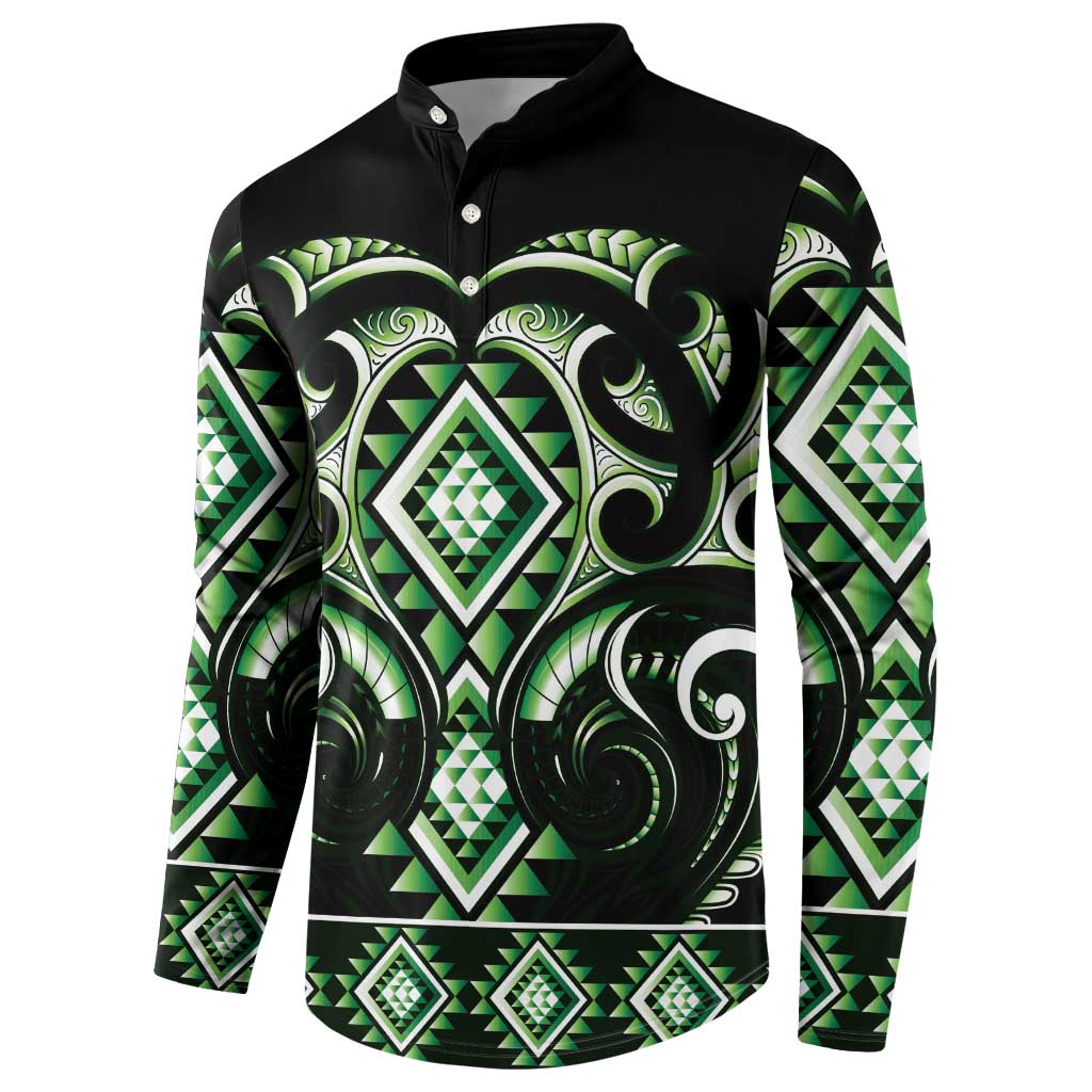 Green Ngaru Taniko With Aotearoa Maori Tattoo Button Sweatshirt