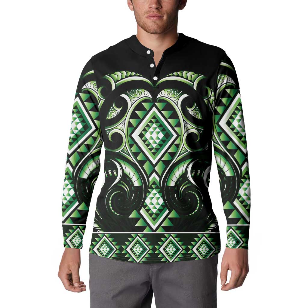 Green Ngaru Taniko With Aotearoa Maori Tattoo Button Sweatshirt