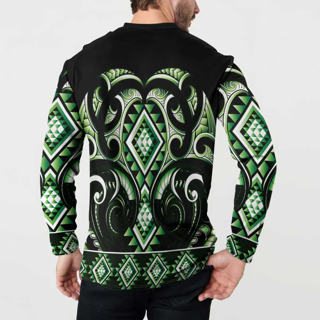 Green Ngaru Taniko With Aotearoa Maori Tattoo Button Sweatshirt