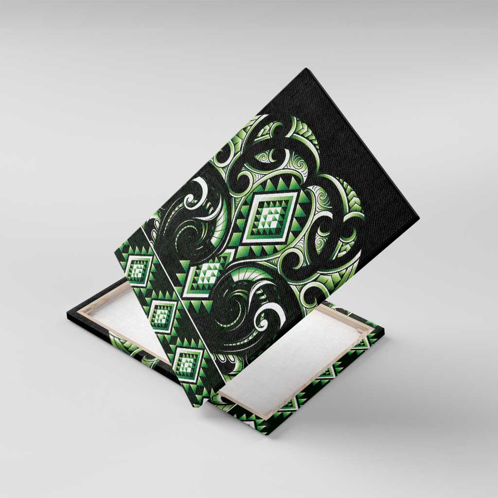Green Ngaru Taniko With Aotearoa Maori Tattoo Canvas Wall Art LT14 With Frame Green - Polynesian Pride