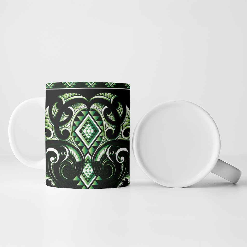 Green Ngaru Taniko With Aotearoa Maori Tattoo Ceramic Mug - Polynesian Pride