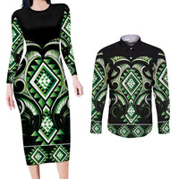 Green Ngaru Taniko With Aotearoa Maori Tattoo Couples Matching Long Sleeve Bodycon Dress and Long Sleeve Button Shirt