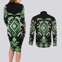 Green Ngaru Taniko With Aotearoa Maori Tattoo Couples Matching Long Sleeve Bodycon Dress and Long Sleeve Button Shirt