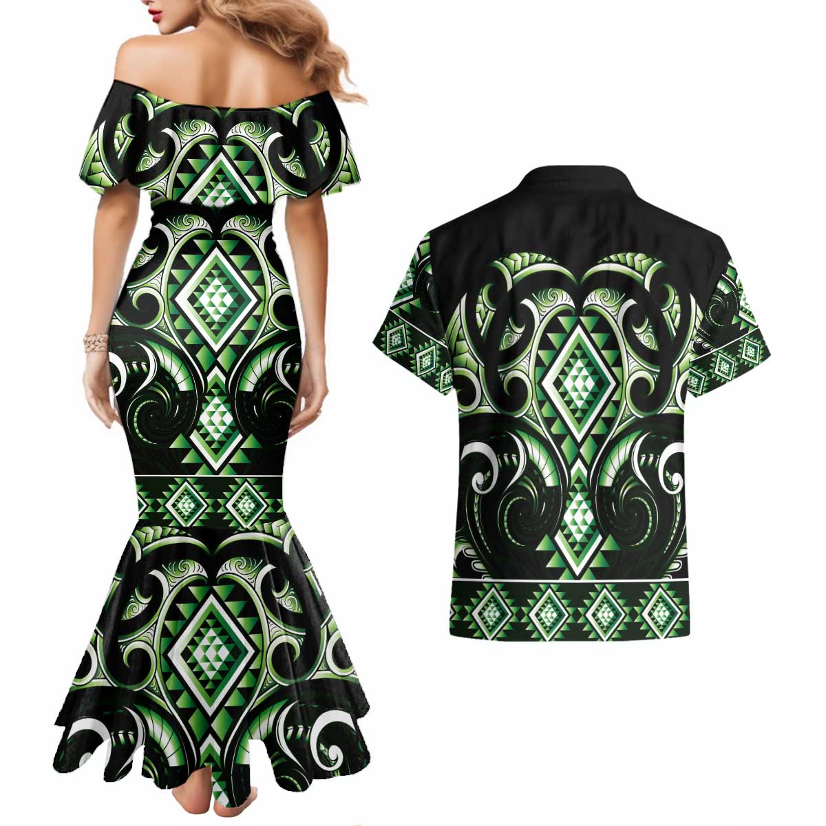 Green Ngaru Taniko With Aotearoa Maori Tattoo Couples Matching Mermaid Dress and Hawaiian Shirt