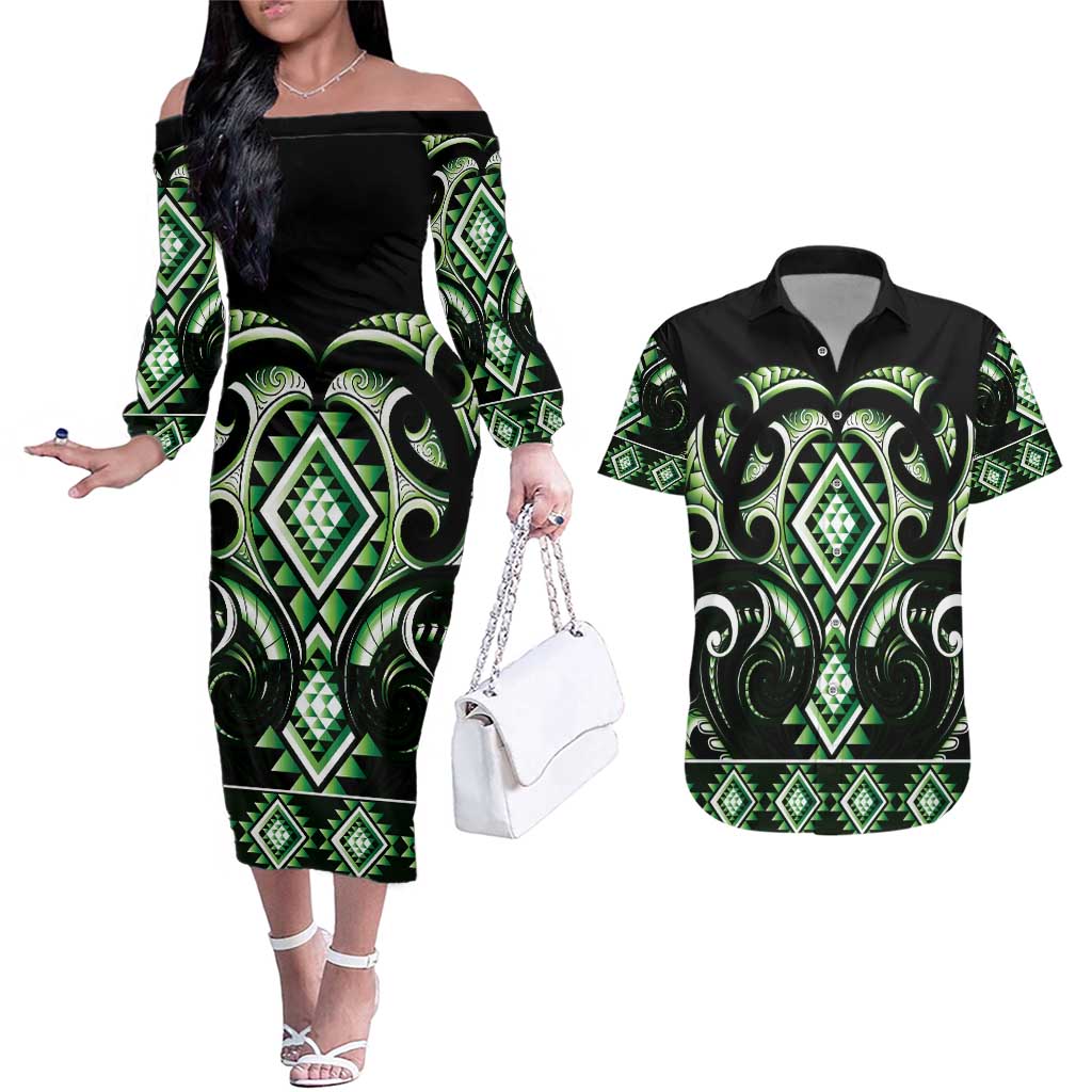 Green Ngaru Taniko With Aotearoa Maori Tattoo Couples Matching Off The Shoulder Long Sleeve Dress and Hawaiian Shirt LT14 Green - Polynesian Pride