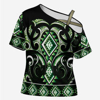 Green Ngaru Taniko With Aotearoa Maori Tattoo Cross Shoulder Shirt - Polynesian Pride