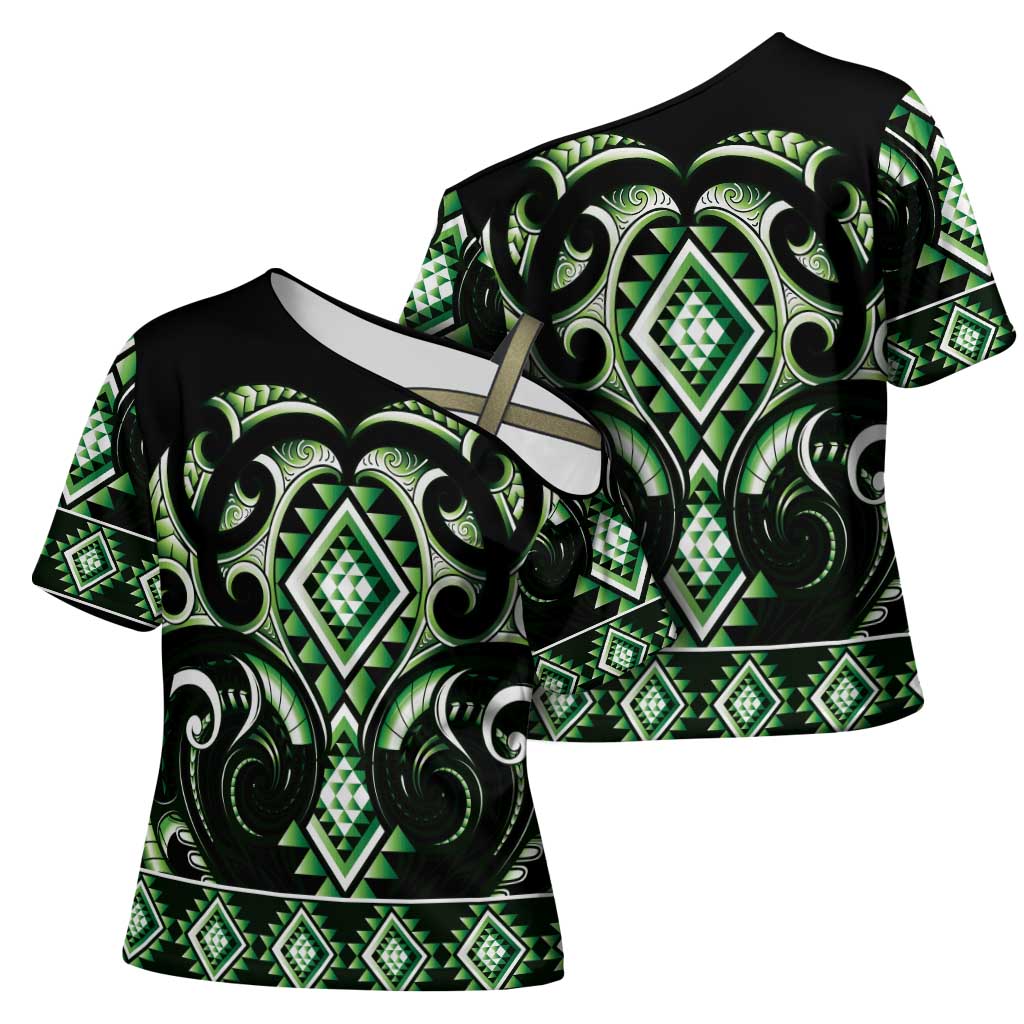 Green Ngaru Taniko With Aotearoa Maori Tattoo Cross Shoulder Shirt - Polynesian Pride