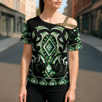 Green Ngaru Taniko With Aotearoa Maori Tattoo Cross Shoulder Shirt - Polynesian Pride
