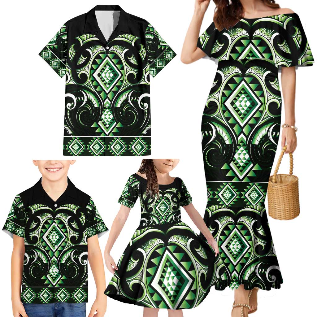 Green Ngaru Taniko With Aotearoa Maori Tattoo Family Matching Mermaid Dress and Hawaiian Shirt